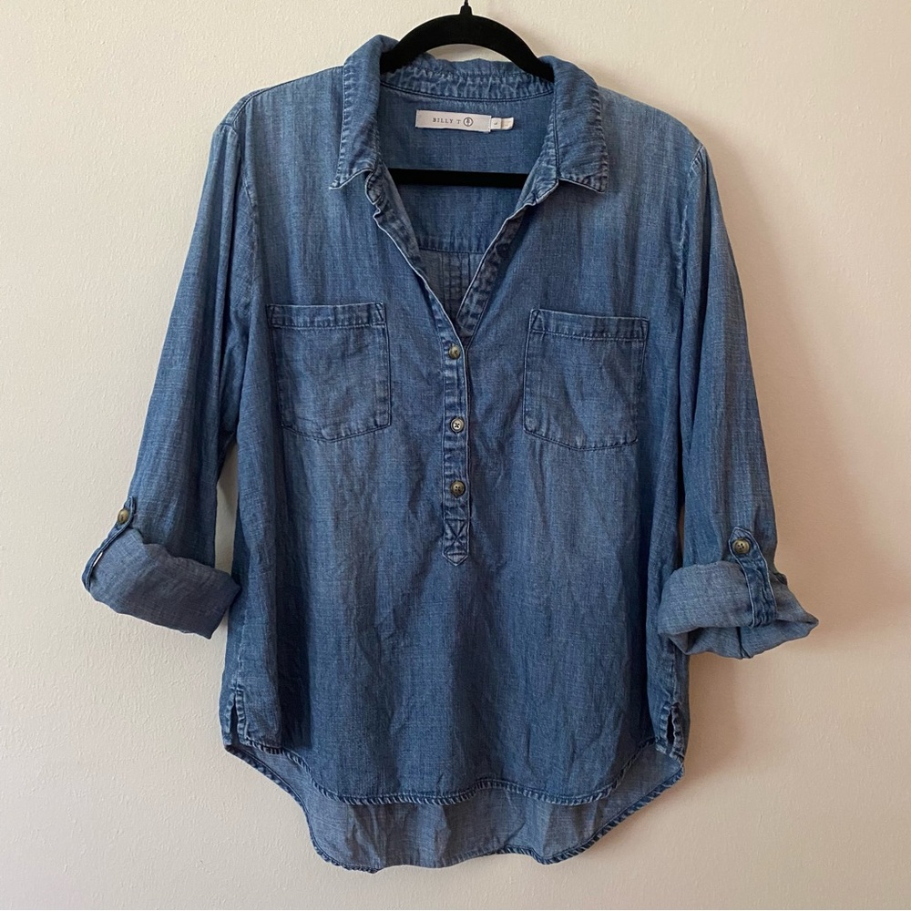 Billy T Chambray 3/4 Button Up Roll Tab Sleeve Open Neck Pullover Top